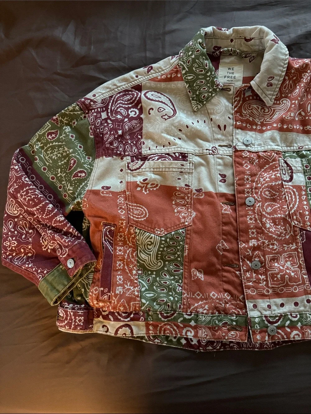 Free People Patchwork Bandana Jean Jacket in Red, Green, Cream - Picture 3 of 6